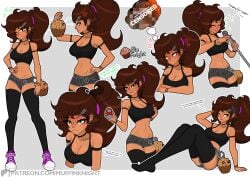 1girls tan tan_body tan_skin tan-skinned_female athletic_female brown_hair ponytail green_eyes thighhighs muffinknight muffin_(muffinknight) pose_sheet drink_can tank_top wink winking_at_viewer suggestive sneakers converse groping_breast groping_self microphone singing