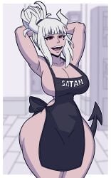 1girls apron apron_only black_apron demon demon_girl demon_horns demon_tail female female_only hair helltaker hips horns tied_hair lucifer_(helltaker) mole mole_under_eye naked_apron red_eyes solo solo_female tail white_hair justmizuno arms_behind_head wide_hips thick_thighs thighs thin_waist big_breasts breasts