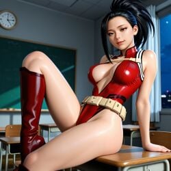 ai_generated momo_yaoyorozu my_hero_academia hero hero_outfit_(mha) large_breasts plunging_neckline classroom teasing