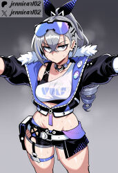 1girl ai_generated belt black_jacket black_shorts breasts choker clothing cowboy_shot crop_top cropped_jacket drill_hair ear_piercing eyewear eyewear_on_head female fur-trimmed_jacket fur_trim goggles goggles_on_head gradient_background grey_background grey_eyes grey_hair hair_between_eyes hair_ornament honkai:_star_rail honkai_(series) jacket jennieart02 long_hair looking_at_viewer medium_breasts midriff navel outstretched_arms patreon patreon_logo patreon_username ponytail shirt short_shorts shorts silver_wolf_(honkai:_star_rail) solo steaming_body sweat thigh_strap thighs twitter twitter_username watermark white_shirt