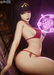 dochaunt24 nintendo fire_emblem_awakening tharja_(fire_emblem) stomach navel magic magic_circle black_lips black_lipstick lipstick from_side looking_at_viewer looking_to_the_side medium_breasts breasts very_long_hair long_hair black_hair black_eyes collarbone bare_shoulders shoulders bare_arms thick_thighs thighs bare_thighs indoors hand_up blunt_bangs bangs armpits imminent_attack smile grin female female_only solo 1girls