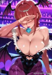 1girl 2026 ai_generated animal_print anime areola_slip bangs bare_shoulders bat_print bat_wings black_leotard blush braid braided_hair breasts bridal_gauntlets chainsaw_man cleavage clothing_cutout collarbone condom condom_in_mouth condom_wrapper cosplay crossover demon_girl demon_wings eye_contact female female_focus flushed head_wings heart_cutout highleg_leotard highres huge_breasts large_breasts leotard long_hair looking_at_viewer low_wings makima_(chainsaw_man) morrigan_aensland mouth_hold nsfw pantyhose patreon patreon_logo patreon_username print_legwear purple_pantyhose purple_wings red_hair rognezart sidelocks sitting smile smiling solo very_long_hair wings yellow_eyes