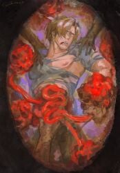 1boy beard_stubble blood blood_from_mouth brown_hair cannibalism curtained_hair eva0951120 facial_hair guro hair_over_one_eye highres intestines leon_s._kennedy male_focus male_only muscular muscular_male nipples organs reaching reaching_towards_another resident_evil resident_evil_9:_requiem shirt short_hair stubble surrounded_by_hands too_many_hands torn_clothes torn_shirt