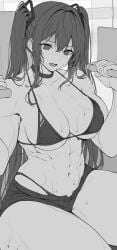 1girls abs absurdres bare_shoulders bikini bikini_bottom_under_shorts bikini_under_clothes breasts choker cleavage collarbone exercising hair_ornament halterneck hatsune_miku highres large_breasts linea_alba long_hair navel re0n short_shorts shorts sitting sketch solo stomach string_bikini sweat swimsuit thighs twintails very_long_hair vocaloid