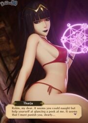 dochaunt24 nintendo fire_emblem_awakening tharja_(fire_emblem) stomach navel magic magic_circle black_lips black_lipstick lipstick from_side looking_at_viewer looking_to_the_side medium_breasts breasts very_long_hair long_hair black_hair black_eyes collarbone bare_shoulders shoulders bare_arms thick_thighs thighs bare_thighs indoors hand_up blunt_bangs bangs armpits imminent_attack smile grin female female_only solo 1girls