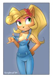 anthro blonde_hair coco_bandicoot crash_(series) female nipples overalls qrog rogone2 small_breasts