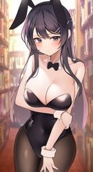 1girls big_breasts black_bowtie black_hair blue_eyes blush bowtie breasts bunny_ears bunny_girl bunnysuit cleavage female female_focus female_only hairclip holding_arm huge_breasts human legwear reel_(riru) sakurajima_mai seishun_buta_yarou_wa_bunny_girl_senpai_no_yume_wo_minai shy thighs wide_hips