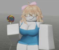 1girls 3d anonymous_artist baseplate big_breasts blonde_hair bowtie breasts cleavage clothed clothing dress glasses hair_ornament hair_over_eyes holding_object lollipop roblox robloxian smirk smirking_at_viewer solo solo_female solo_focus soyjak.party soylita standing thighs white_skin
