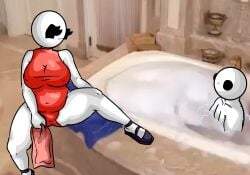 1girl1boy :3 :i bathroom bathtub bathtub_lifeguard_(meme) belly belly_button black_eyes blank_expression blank_face breasts chetoh chubby chubby_female claire_(chetoh) clothed_female egg eggmale female full_body holding_towel in_bath in_bathtub lifeguard looking_at_another looking_at_partner male oc original original_character original_characters photo_background red_swimsuit slippers smile smiling swimsuit towel white_body