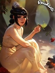 rousherte tagme self_upload ai_generated shadowheart baldur's_gate_3 portrait 1girl solo solo_female sitting campfire holding_flower rose black_hair summer_dress romantic golden_hour