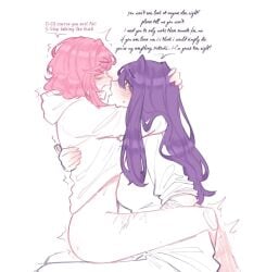 2girls bandage bandage_on_knee blush bottomless bottomless_female dialogue dirty_talk doki_doki_literature_club eyes_closed female female/female female_only functionally_nude functionally_nude_female hoodie hoodie_lift hoodie_only implied_fingering lesbian lesbian_sex limited_color limited_palette natsuki_(doki_doki_literature_club) needy partially_clothed partially_clothed_female pockiseisont possessive scars_on_arm scars_on_thighs self_harm_scars speaking_to_partner yuri yuri_(doki_doki_literature_club)