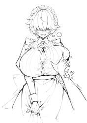 fuemi_(artist) fuechi_ feuchi_(artist) maid panting barely_contained bursting_breasts holding_back hand_on_breast guiding_hand holding_hand blush blushing eyes_obscured eyes_hidden fang maid_headdress maid_outfit maid_uniform button_gap cleavage bangs bangs_over_eyes black_and_white colorless