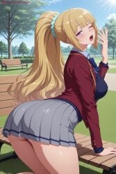 kiraamane ai_generated patreon seductive sexy uncensored watermark hi_res high_quality high_resolution karuizawa_kei classroom_of_the_elite skirt 1girl long_hair tree school_uniform ass one_eye_closed ponytail blonde_hair purple_eyes pleated_skirt solo breasts looking_at_viewer scrunchie open_mouth blush jacket bangs large_breasts day yawning hair_ornament high_ponytail outdoors thighs sky bench