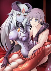 1boy 1boy1girl 1girls alice_(mon-musu_quest!) alipheese_fateburn_xvi blushing body_markings breasts demon_horns female fingering gloves lamia long_gloves looking_at_another luka_(mon-musu_quest!) male mon-musu_quest! monster_girl monster_girl_quest nipples nude_female purple_nipples purple_skin smiling_at_each_other snake snake_girl