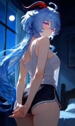 1girl 1girls ai_generated dolphin_shorts female_focus female_only ganyu_(genshin_impact) genshin_impact hands_behind_back impacter looking_at_viewer looking_back looking_back_at_viewer shiny_eyes shorts smile solo tank_top tanktop warm_smile