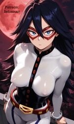 sebassart superheroine midnight_(my_hero_academia) patreon paid_reward_available ai_generated bodysuit tight_clothing tight_fit big_breasts solo spandex heroine my_hero_academia sexy sexy_pose serious flirting posing sitting moonlight moon curvy curvy_figure mature_female mature_woman erect_nipples erect_nipples_under_clothes