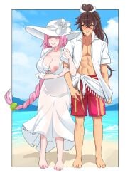 absurdres beach bikini blush braid braided_ponytail breasts brown_eyes brown_hair cleavage commentary commission commissioner_upload couple dress english_commentary hat highres holding_another's_arm huge_breasts male_swimwear mole mrdikwen muscular muscular_male nipples ocean open_clothes open_shirt outdoors pink_hair pink_nails ponytail rune_factory rune_factory:_guardians_of_azuma subaru_(rune_factory) sun_hat sundress swim_trunks swimsuit ulalaka wardrobe_malfunction white_dress