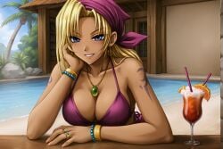 1girl ai_assisted ai_generated arm_support bandana big_boobs big_breasts bikini blonde_hair blue_eyes bracelet busty cocktail drink drinking_straw earrings gina_benvesta harrenhaler kuutei_senki large_breasts long_hair orange_slice palm_tree pendant_necklace ponytail ring rings seductive seductive_smile sitting smile smiling smiling_at_viewer solo_female sunny tan_skinned tanned tanned_female tanned_skin tattoo thigh_strap tropical tsurime warm