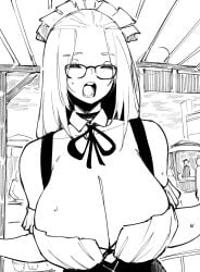 1girl absurdres bangs_pinned_back breasts cleavage collarbone cross-laced_clothes detached_collar detached_sleeves dirndl german_clothes glasses highres huge_breasts inne_sulistya_robin monochrome norman_maggot oktoberfest open_mouth original outdoors ribbon solo sweat upper_body yawn yawning