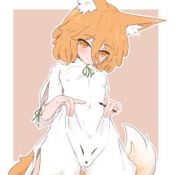 1girl absurdres animal_ear_fluff animal_ears blonde_hair blush border breasts cameltoe closed_mouth clothes_writing commentary covered_navel covered_nipples cowboy_shot dot_nose double_fox_shadow_puppet fang fox_ears fox_girl fox_shadow_puppet fox_tail green_ribbon hair_between_eyes highres holding holding_pen kokowoch kudamaki_tsukasa long_hair_between_eyes looking_at_viewer orange_eyes outline outside_border pen pink_background pulling_own_clothes pussy_juice ribbon romper short_hair short_sleeves simple_background skin_fang sleeve_ribbon small_breasts smile solo standing tail touhou white_border white_outline white_romper