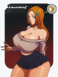 1girl 1girls ass_visible_through_thighs bleach digital_media_(artwork) female gmoreartworks gradient_background hair_ornament inoue_orihime large_breasts long_hair orange_hair orihime_inoue partially_clothed skirt solo solo_female solo_focus surprised tagme thick_thighs thinking voluptuous watermark
