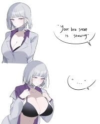 ... 1girls big_breasts black_bra blush bra bra_peek breasts cleavage english_text expressionless female female_only girls'_frontline grey_hair large_breasts meme navel open_clothes open_shirt purple_eyes rpk-16_(girls'_frontline) rpk-16_(renate)_(girls'_frontline) shirt smile speech_bubble suit text undressing upper_body