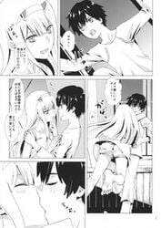 assertive blush closed_eyes clothed darling_in_the_franxx hiro_(darling_in_the_franxx) kissing low_res monochrome zero_two_(darling_in_the_franxx)