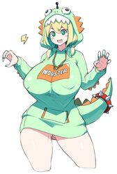 1girls amano_pikamee big_ass big_breasts breasts busty curvy cute dinosaur_costume female green_eyes hoodie huge_breasts large_breasts naked_hoodie no_bra no_panties short_hair sinensian solo thick_thighs thighs virtual_youtuber voluptuous voms_project yellow_hair