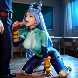 ai_generated nejire_hado nejire_hado_(hero_outfit) my_hero_academia long_hair classroom hero_outfit_(mha) hero teasing kneeling cock_worship penis_lick