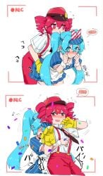 nejikyuu mesmerizer_(vocaloid) kasane_teto hatsune_miku vocaloid utau yuri dry_humping no_penetration blushing_profusely embarrassed_female waitress_uniform pinstripe_pattern pinstripe_dress aqua_hair blue_eyes blue_dress twintails long_hair red_eyes red_hair red_pants red_hat drill_hair before_and_after yellow_gloves recording confetti