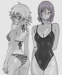 death_devil_(chainsaw_man) fami_(chainsaw_man) chainsaw_man shounen_jump demon_girl purple_hair purple_eyes female_only female female_focus 2girls sweat sweatdrop sweating bikini swimsuit green_eyes earring tagme cleavage tight_clothing belly_button ass breasts looking_back nail_polish