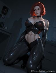 1girl abs ai_generated bare_shoulders black_choker black_gloves bloodrayne breasts bustier choker cleavage corset elbow_gloves gloves green_eyes kneeling large_breasts latex latex_gloves looking_at_viewer muscular muscular_female navel nyx_x rayne red_hair sensitive shiny_clothes short_hair solo thighs tongue