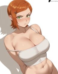 1girl 1girls ai_generated angry arms_behind_back bare_shoulders ben_10 blush breasts cartoon_network cleavage closed_mouth collarbone crop_top green_eyes gwen_tennyson hairclip hi_res high_quality high_resolution highres large_breasts light lips looking_at_viewer midriff navel nose opal_nemy orange_hair patreon_logo patreon_url patreon_username plain_background self_upload shadow shiny shiny_hair shiny_skin short_hair shy simple_background solo watermark white_background