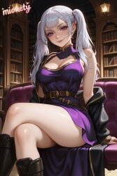 noelle_silva black_clover 1girl breasts purple_eyes crossed_legs dress twintails sitting solo cleavage belt smile looking_at_viewer boots thighs purple_dress long_hair black_footwear bare_shoulders white_hair large_breasts clothing_cutout cleavage_cutout off_shoulder grey_hair closed_mouth open_clothes lips jacket short_dress knee_boots sleeveless couch coat artist_name brown_belt indoors long_sleeves sleeveless_dress black_jacket medium_breasts feet_out_of_frame bookshelf jewelry black_belt makeup open_coat buckle blush official_alternate_costume open_jacket arm_support mionety ai_generated