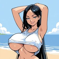 ai_generated beach black_hair huge_breasts jess_the_slut long_hair naughty_face nipple_slip straight_hair underboob