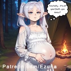 ai_generated bdsm big_ass big_butt big_thighs blush bondage bondage_gear elf elf_ears elf_female elf_girl ezuna frieren frieren_beyond_journey's_end green_eyes huge_ass huge_butt huge_thighs jewelry small_breasts twintails wanuze white_hair wide_hips text english_text commentary comic pregnant pregnant_female