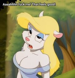 warner_brothers warner_bros animaniacs minerva_mink 1girls 1futa futanari clothing penis penis_out blonde_hair yellow_hair furry anthro mink text ai_generated accurate_art_style balls testicles breasts clevage