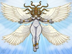 4_fingers 4_toes 4_wings abs angel ankle_cuffs arm_cuffs armband athletic biblically_accurate_angel blue_sky breasts collar cracks cthulhusdream cuff_(restraint) eldritch eldritch_abomination eldritch_being eldritch_humanoid feet female fingers floating flying genitals gold_(metal) grey_nipples halo hi_res humanoid light light_beam marble medium_breasts multi_eye multi_wing nipples penetration piercing restrained restrained_by_tentacles restraints sky solo spread_arms sunbeam sunlight tentacle_penetration tentacles thick_thighs toes toned_female vein vulva white_body white_wings wide_hips wings