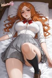 inoue_orihime bleach 1girl breasts solo skirt socks long_hair shirt bow hair_ornament lying white_shirt on_back red_bow school_uniform looking_at_viewer grey_skirt large_breasts pleated_skirt bowtie brown_footwear brown_eyes pillow knee_up thighs orange_hair black_socks red_bowtie button_gap on_bed parted_lips shoes collared_shirt loafers brown_hair kneehighs artist_name long_sleeves blush hairclip bed parted_bangs lips dress_shirt cleavage sleeves_rolled_up miniskirt shirt_tucked_in mole_under_mouth smile bed_sheet mole indoors character_name partially_unbuttoned hair_spread_out underwear star_hair_ornament mionety ai_generated