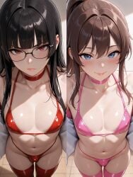 2boys ai_generated balls_in_panties bikini_bottom bikini_top black_hair blue_eyes brown_hair choker elbow_gloves femboy glasses hime_cut kyew lipstick long_hair navel open_clothes original_characters otoko_no_ko pink_gloves pink_thighhighs ponytail red_bikini red_eyes red_gloves red_thighhighs serious_face smile split_screen thighs viewed_from_above