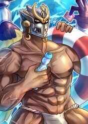 1boy 2021 abs absurd_res artist_signature bara beefy beverage beverage_bottle biceps big_areola blue_background breasts broad_shoulders collarbone condom_wrapper covered_face cross_scar dark_skin dated floating_arms fundoshi fundoshi_only gay helmet helmet_covering_face hi_res holding_object hunk legs_apart life_ring looking_at_viewer male male_only manly mature_male mechanical_arm mofnyan muscles muscular muscular_arms muscular_legs muscular_male muscular_neck muscular_thighs navel no_body_hair pecs quadriceps ramune red_eyes rokushaku_fundoshi scar scar_on_arm scar_on_leg shadow_over_eyes shiva_(tokyo_afterschool_summoners) six_pack small_pupils solo standing tokyo_afterschool_summoners topless tough_guy towel triceps veiny_arms veiny_breasts veiny_legs veiny_stomach very_high_resolution water white_fundoshi yaoi