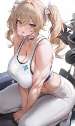1girls alternate_breast_size_(larger) alternate_costume barbara_(genshin_impact) between_legs blonde_hair blue_choker blue_eyes blush breasts bright_pupils brown_hair choker cleavage collarbone commentary_request exercise_machine genshin_impact hair_ornament hand_between_own_legs highres large_breasts looking_at_viewer midriff muscular muscular_female navel open_mouth pants re0n shoes sidelocks simple_background sitting solo sports_bra squatting sweat toned toned_female twintails white_background white_pants white_pupils white_shoes white_sports_bra yoga_pants