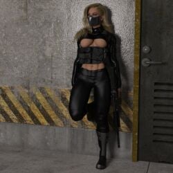 1girls 3d 3d_(artwork) abs assassin beautiful_woman black_leggings blonde_hair blonde_hair_female bodyguard braless cleavage emotionless emotionless_female expressionless female_only holding_assault_rifle holding_gun huge_breasts indifferent korosh1 leaning_against_wall leggings low_resolution lowres masked_female mature_woman no_bra original underboob unnamed_character