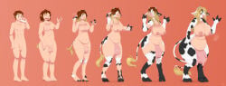 2020 abs absurd_res anthro balls big_breasts black_body black_fur blonde_hair bottle bovid bovine breast_growth breasts brown_hair cattle container drinking_milk female fingers fur gender_transformation genitals growth hair hi_res holstein_friesian_cattle hoof_growth hooved_fingers hooves horn horn_growth human human_to_anthro male mammal mentalcrash milk_bottle milk_container mtf_transformation navel nipples nude open_mouth orange_background overweight overweight_female penis sequence simple_background smile solo species_transformation standing surprised tail tail_growth teat_growth teats transformation udder_growth udders weight_gain white_body white_fur