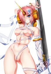 arm_behind_head bandage blue_eyes breasts double_bun fate/grand_order fate_(series) frankenstein_(fate) frankenstein_(swimsuit_saber) hair_ornament hair_over_one_eye hairclip headgear muscular muscular_female pink_hair pole pussy takenoko