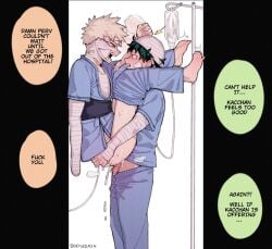 green_hair green_eyes blonde_hair red_eyes katsuki_bakugou bakugou_katsuki izuku_midoriya midoriya_izuku deku my_hero_academia boku_no_hero_academia spiky_hair messy_hair freckles freckles_on_face mostly_clothed male male_only male/male yaoi gay gay_sex gay_male bandages bandage hospital standing standing_sex carrying carrying_partner carrying_position scrubs dialogue english english_text 2026 dekudash 2boys after_sex after_anal tsundere curled_toes toe_curl hitting_head legs_up legs_on_shoulders saliva saliva_trail drool_string iv_bag side_view full_body clothed bandaged_arm crying_with_eyes_open crying tears penis_in_ass