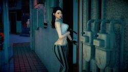 3d 3d_(artwork) absurd_res asian_woman assassin beautiful_woman belly_exposed black_gloves black_hair_female character_request emotionless emotionless_female expressionless fan_character female_assassin gigatron-666 high_resolution hitman hitman_(2016) holding_pistol honey_select indifferent large_breasts leggings long_hair_female mature_woman navel parody red_lipstick sideboob striped_leggings tight_leggings tubetop uncaring_female