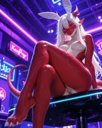 1girl absurd_res ai_generated anthro casino dragon dragon_girl female foot_fetish foot_focus furry high_quality high_resolution highres long_hair looking_at_viewer medium_breasts naughty_face nipples nude pawpads playboy_bunny pussy pussy_juice red_eyes red_scales scalie small_breasts solo tagme thick_thighs white_hair xorvexai