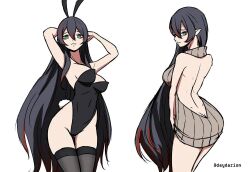 1girls 2d 2d_(artwork) 2d_artwork absurdly_long_hair adult adult_female arm_behind_head arms_behind_head back belly_button black-haired_female black_bunny_ears black_bunnysuit black_hair black_legwear black_leotard black_stockings black_thigh_highs black_thighhighs black_topwear breasts brown_sweater brown_topwear bunny_ears bunny_tail bunnygirl bunnygirl_outfit bunnysuit busty busty_female busty_girl closed_mouth_smile dayyo_(daydarion/day-chan) digital digital_art digital_drawing digital_drawing_(artwork) digital_media digital_media_(artwork) drawing female female_focus female_only green-eyed_female green_eyes groin hair_between_eyes hand_behind_head hands_behind_head high_resolution highres hourglass_figure inguinal_crease inguinal_ligament large_breasts lean_figure legs_closed legs_together legwear leotard light_smile long_hair looking_at_viewer looking_back looking_back_at_viewer looking_down looking_down_at_viewer mature mature_female median_furrow mika_melatika narrow_waist navel nijisanji nijisanji_id posing posing_for_the_viewer shoulder_blades shoulders sideboob simple_background skindentation slender_body slender_waist slight_smile slim_female slim_waist smile smiley_face smiling smiling_at_viewer solo standing stockings sweater thigh_gap thigh_highs thighhighs thighs thighs_together topwear upper_body very_long_hair very_long_hair_female virgin_killer_sweater virtual_youtuber vtuber vtuberfanart white_background wide_hips youtuber youtuber_girl