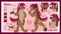 animal_genitalia claws feet female frassed fully_sheathed genitals hair hi_res hyena laugh looking_at_viewer mammal markings model_sheet mohawk open_mouth pawpads paws pink_background pink_hair pseudo-penis sharp_teeth sheath simple_background solo spots spotted_body standing teats teeth toe_claws yellow_eyes